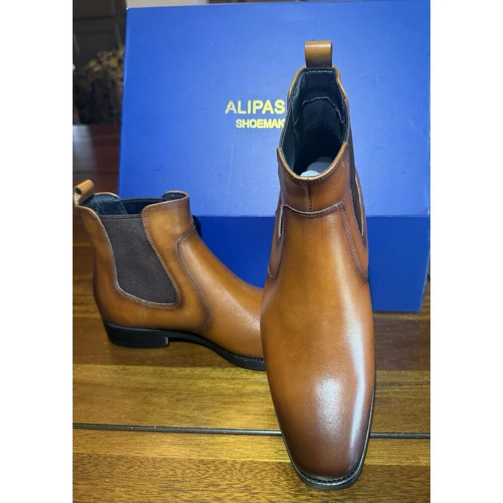 ALIPASINM Men's Brown Leather Chelsea Ankle Pull-On Boots Size 7
